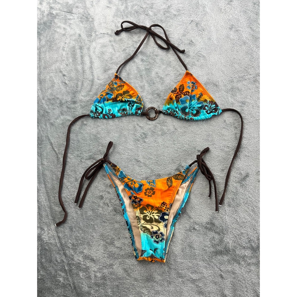String Brazilian Bikini L Brown Orange Teal Ombre Triangle Halter Tie Wood Ring